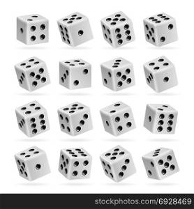 Playing Dice Vector Set. 3d Realistic Cubes With Dot Numbers. Good For Playing Board Casino Game. Isolated On White. Set Of Dice Rolls. Playing Dice Vector Set. 3d Realistic Cubes With Dot Numbers. Good For Playing Board Casino Game. Isolated