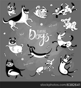 Playing dogs. Funny lap-dog, happy pug, mongrels and other breeds. Set of isolated vector drawings for design. Playing dogs. Funny lap-dog, happy pug, mongrels and other breeds. Set of isolated vector drawings for design.
