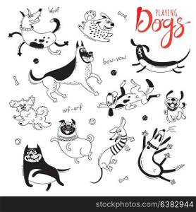 Playing dogs. Funny lap-dog, happy pug, mongrels and other breeds. Set of isolated vector drawings for design. Playing dogs. Funny lap-dog, happy pug, mongrels and other breeds. Set of isolated vector drawings for design.