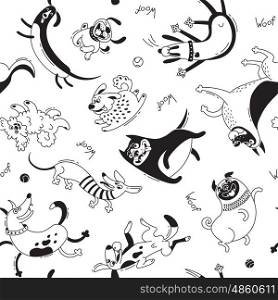 Playing dogs seamless pattern. Funny lap-dog, happy pug, mongrels and other breeds. Vector background for design. Playing dogs seamless pattern. Funny lap-dog, happy pug, mongrels and other breeds. Vector background for design.
