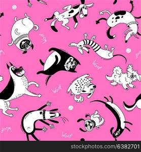 Playing dogs seamless pattern. Funny lap-dog, happy pug, mongrels and other breeds. Vector background for design. Playing dogs seamless pattern. Funny lap-dog, happy pug, mongrels and other breeds. Vector background for design.