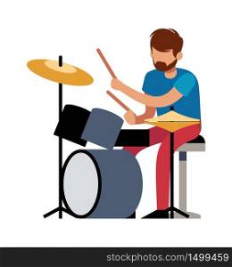 Playing drummer. Professional young man plays musical drums vector colorful cartoon character. Playing drummer. Professional young man plays musical drums vector cartoon character