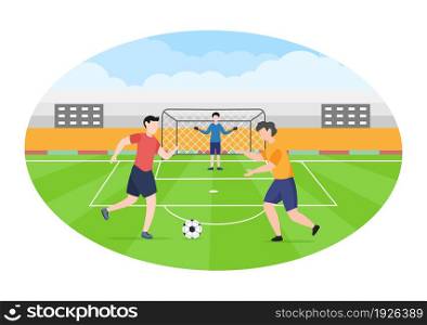 Playing Football with Boys Play Soccer Wear Sports Uniform Various Movements Such as Kicking, Holding, Defending, Parrying and Attacking in Field. Vector Illustration