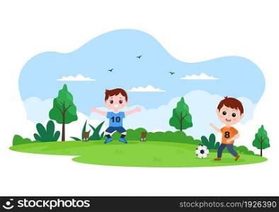 Playing Football with Boys Play Soccer Wear Sports Uniform Various Movements Such as Kicking, Holding, Defending, Parrying and Attacking in Field. Vector Illustration