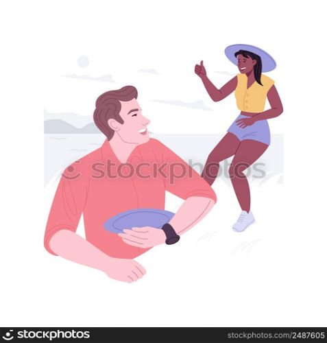 Playing Frisbee isolated cartoon vector illustrations. Young couple playing Frisbee in the urban park together, people lifestyle, recreation summer day, outdoors activity vector cartoon.. Playing Frisbee isolated cartoon vector illustrations.