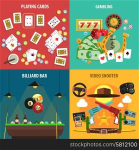 Playing Games Banners Set . Playing games square banners set with cards gambling billiards and video flat isolated vector illustration