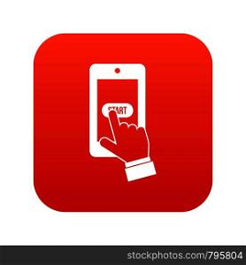Playing games on smartphone icon digital red for any design isolated on white vector illustration. Playing games on smartphone icon digital red