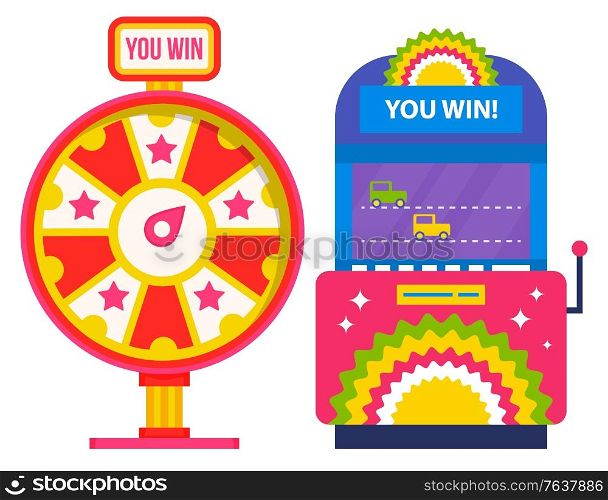 Playing games vector, isolated fortune wheel and game machine with racing cars. Gambling and entertainments, trying luck in casino. Flat style devices for fun and earning easy money illustration. Game Machine and Fortune Wheel Gambling Casino