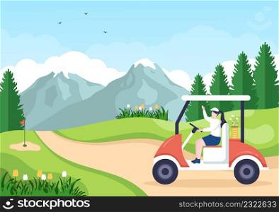 Playing Golf Sport with Flags, Sand Ground, Sand Bunker and Equipment on Outdoors Yard Green Plants in Flat Cartoon Background Illustration