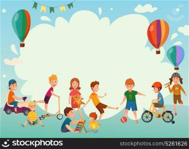 Playing Kids Background. Colored cartoon playing kids background or frame with air balloons and group of children vector illustration