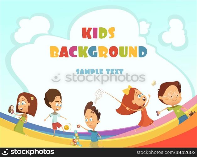 Playing Kids Background . Playing kids cartoon background with outdoor and indoor activities symbols vector illustration