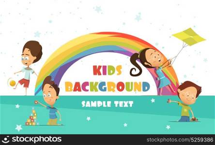 Playing Kids Background . Playing kids cartoon background with rainbow and activities symbols vector illustration