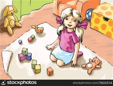 Playing Little Girl. The little girl is playing with toys.Editable vector EPS v9.0.