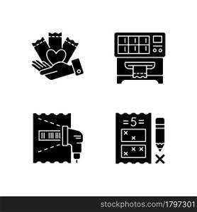 Playing lotto games black glyph icons set on white space. Charity gambling. Lottery ticket vending machine. Scanning draw results. Five digit game. Silhouette symbols. Vector isolated illustration. Playing lotto games black glyph icons set on white space