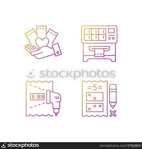 Playing lotto games gradient linear vector icons set. Charity gambling. Lottery ticket vending machine. Thin line contour symbols bundle. Isolated vector outline illustrations collection. Playing lotto games gradient linear vector icons set