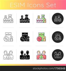 Playing lotto games icons set. Jackpot. Sports betting. Dividing prize between winners. Winning large cash reward. Bet on basketball. Linear, black and RGB color styles. Isolated vector illustrations. Playing lotto games icons set