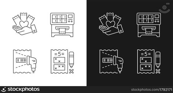 Playing lotto games linear icons set for dark and light mode. Charity gambling. Lottery ticket vending machine. Customizable thin line symbols. Isolated vector outline illustrations. Editable stroke. Playing lotto games linear icons set for dark and light mode