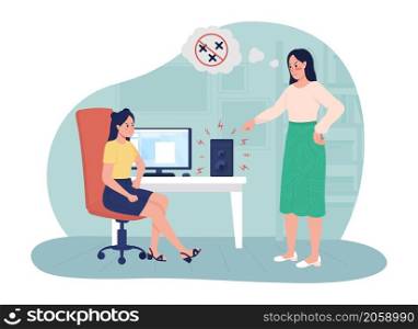 Playing music loudly 2D vector isolated illustration. Irritated mom scolding noisy teenager flat characters on cartoon background. Parent child conflict. Unacceptable teenage behavior colourful scene. Playing music loudly 2D vector isolated illustration