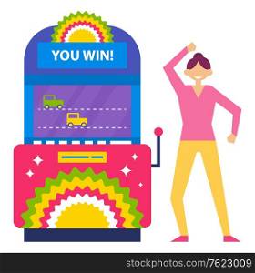 Playing on game machines vector, isolated electronic device with screen showing transport on road. Victory of character, dancing personage happy woman. Game Machine Competition with Cars Racing Vector