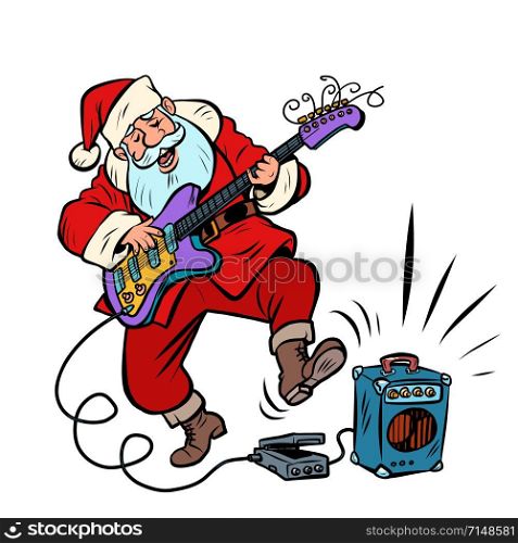 playing the electric guitar. Santa Claus character Christmas new year. Comic cartoon pop art retro vector illustration drawing. playing the electric guitar. Santa Claus character Christmas new year