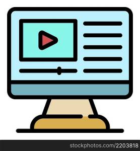 Playing videos on a computer icon. Outline playing videos on a computer vector icon color flat isolated. Playing videos on a computer icon color outline vector