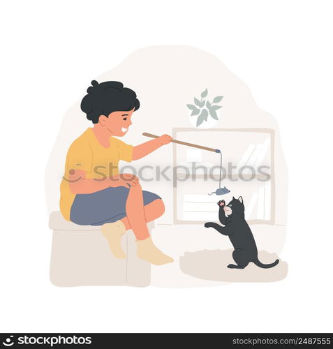 Playing with a cat isolated cartoon vector illustration. Pet routine, child plays with a toy mouse on a stick, teasing a cat with wand, pet accessories, domestic animal behavior vector cartoon.. Playing with a cat isolated cartoon vector illustration.