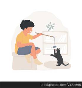 Playing with a cat isolated cartoon vector illustration. Pet routine, child plays with a toy mouse on a stick, teasing a cat with wand, pet accessories, domestic animal behavior vector cartoon.. Playing with a cat isolated cartoon vector illustration.