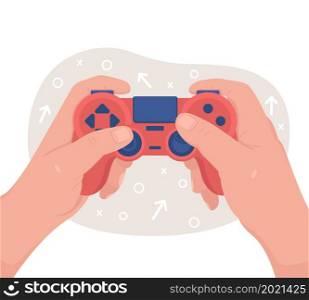 Playing with gamepad 2D vector isolated illustration. Gamer controlling video game. Entertainment flat first view hand on cartoon background. Player with console controller colourful scene. Playing with gamepad 2D vector isolated illustration