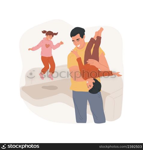 Playing with kids isolated cartoon vector illustration. Toddler sitting on mother shoulders, father holding kid upside down, family having fun, parents playing with kids vector cartoon.. Playing with kids isolated cartoon vector illustration.