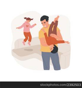 Playing with kids isolated cartoon vector illustration. Toddler sitting on mother shoulders, father holding kid upside down, family having fun, parents playing with kids vector cartoon.. Playing with kids isolated cartoon vector illustration.