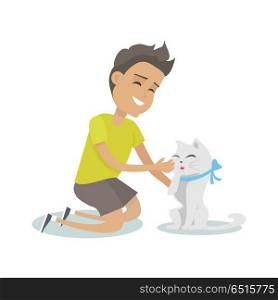 Playing with pet vector illustration in flat style design. Smiling boy playing with cute cat with illustration. Animal assisted therapy concept. Isolated on white background.. Playing with Pet Illustration in Flat Design.. Playing with Pet Illustration in Flat Design.
