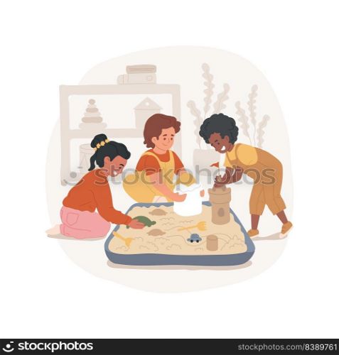 Playing with sand isolated cartoon vector illustration. Child plays with sand, kinetic playground, fine motor skills, finger development, early education, physical activity vector cartoon.. Playing with sand isolated cartoon vector illustration.
