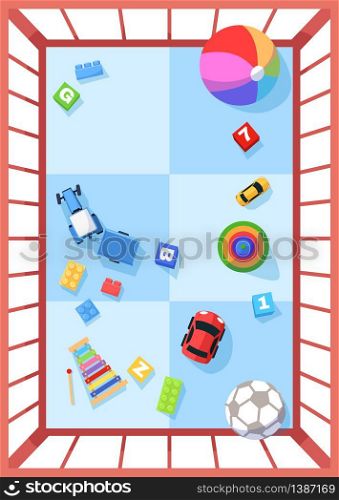 Playpen semi flat RGB color vector illustration. Toys for baby entertainment. Safe space for child to play games. Toddler home playground isolated cartoon object top view on white background. Playpen semi flat RGB color vector illustration
