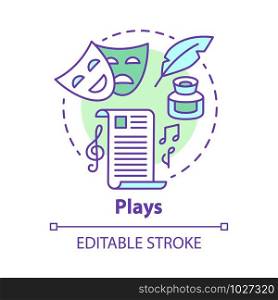 Plays concept icon. Drama theatre & screenplay idea thin line illustration. Theatrical script & musical accompaniment. Classic literature. Vector isolated outline drawing. Editable stroke