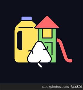 Playsets from plastic milk bottles RGB color icon for dark theme. Sustainable playground for kids. Isolated vector illustration on night mode background. Simple filled line drawing on black. Playsets from plastic milk bottles RGB color icon for dark theme
