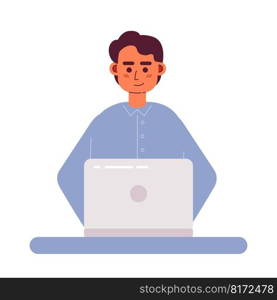 Pleasant man working on laptop semi flat color vector character. Coder. Editable figure. Full body person on white. Simple cartoon style spot illustration for web graphic design and animation. Pleasant man working on laptop semi flat color vector character