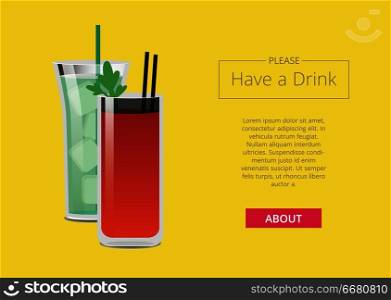 Please have a drink promo web poster with cocktails bloody mary and mojito, filled with ice, straw inside, vector illustration isolated on yellow. Please Have a Drink Promo Web Poster with Cocktail