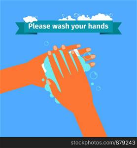 Please wash your hands disinfection concept. Man washing hands. Vector illustration. Man washing hands