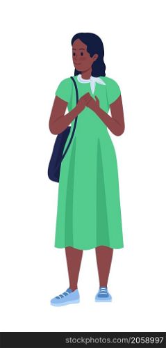 Pleased girl wearing green dress semi flat color vector character. Posing figure. Full body person on white. Schoolgirl isolated modern cartoon style illustration for graphic design and animation. Pleased girl wearing green dress semi flat color vector character