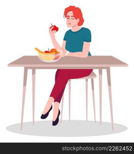 Pleased lady eating fresh fruits semi flat RGB color vector illustration. Sitting figure. Foodie lifestyle. Healthy appetite. Person eating out alone isolated cartoon character on white background. Pleased lady eating fresh fruits semi flat RGB color vector illustration