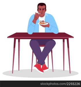 Pleased man eating sweet cake semi flat RGB color vector illustration. Sitting figure. Healthy appetite. Having sweet tooth. Person eating out alone isolated cartoon character on white background. Pleased man eating sweet cake semi flat RGB color vector illustration