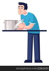 Pleased man preparing soup in pot semi flat RGB color vector illustration. Posing figure. Person participating in cooking class for adults isolated cartoon character on white background. Pleased man preparing soup in pot semi flat RGB color vector illustration