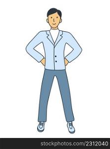 Pleased man stands doodle illustration. Young man be proud of yourself. Male character super hero isolated vector illustration. Pleased man stands doodle illustration