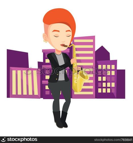 Pleased musician playing on saxophone. Caucasian woman with eyes closed playing on saxophone. Musician with saxophone in the city street. Vector flat design illustration isolated on white background.. Musician playing on saxophone vector illustration.