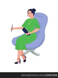 Pleased psychologist sitting on chair semi flat color vector character. Full body person on white. Psychological specialist isolated modern cartoon style illustration for graphic design and animation. Pleased psychologist sitting on chair semi flat color vector character