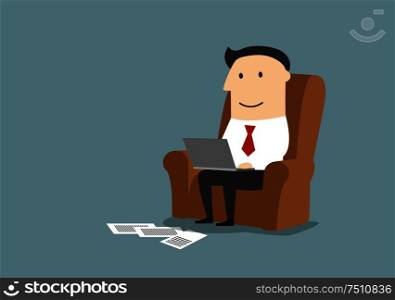 Pleased smiling cartoon businessman sitting in armchair and working on laptop computer from home office. Home office or wireless technology concept usage. Businessman working on laptop computer