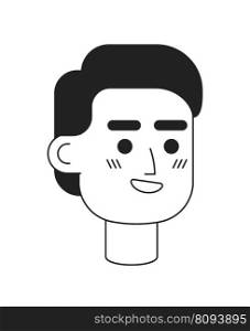 Pleased wide smiling guy monochromatic flat vector character head. Happy man. Editable black white cartoon face emotion. Hand drawn lineart ink spot illustration for web graphic design, animation. Pleased wide smiling guy monochromatic flat vector character head