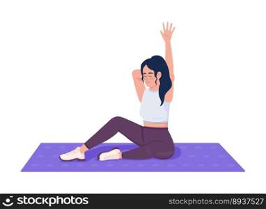 Pleased woman stretching arm muscles on mat semi flat color vector character. Editable figure. Full body person on white. Simple cartoon style illustration for web graphic design and animation. Pleased woman stretching arm muscles on mat semi flat color vector character