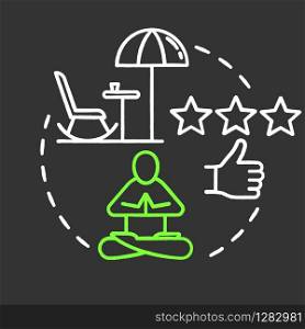 Pleasure chalk RGB color concept icon. Person outdoor. Rest and relaxation. Wellness, wellbeing. Meditation on resort. Leisure idea. Vector isolated chalkboard illustration on black background