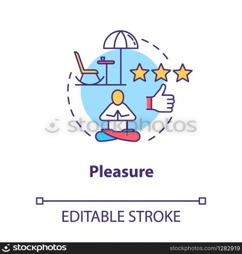 Pleasure concept icon. Enjoy life. Rest and relaxation. Wellness, wellbeing. Meditation on resort. Leisure idea thin line illustration. Vector isolated outline RGB color drawing. Editable stroke